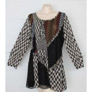 PARIS Large Houndstooth Check Tweed Black Lace Patchwork Boho Tunic Top